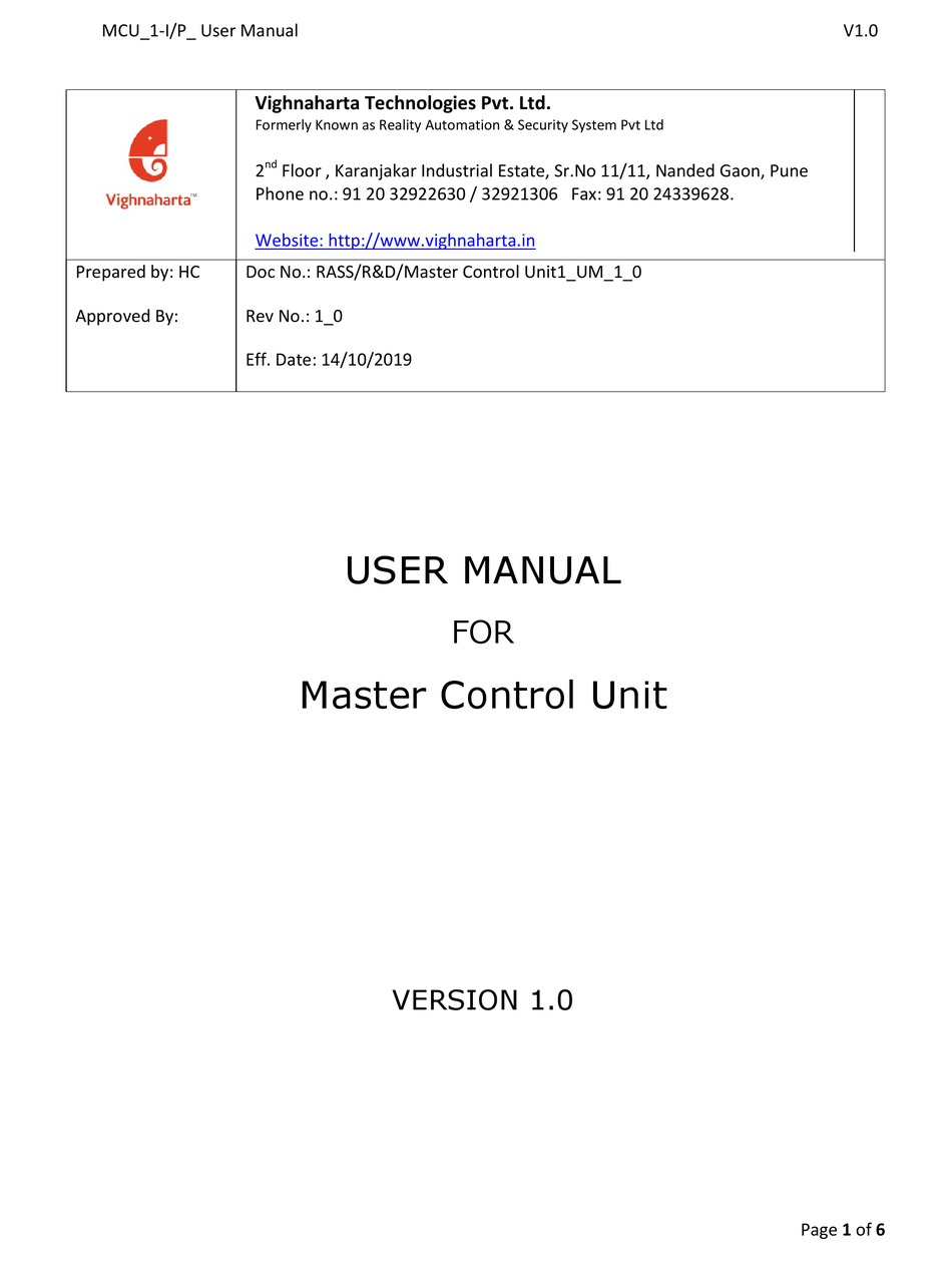 VIGHNAHARTA MASTER CONTROL UNIT USER MANUAL Pdf Download | ManualsLib