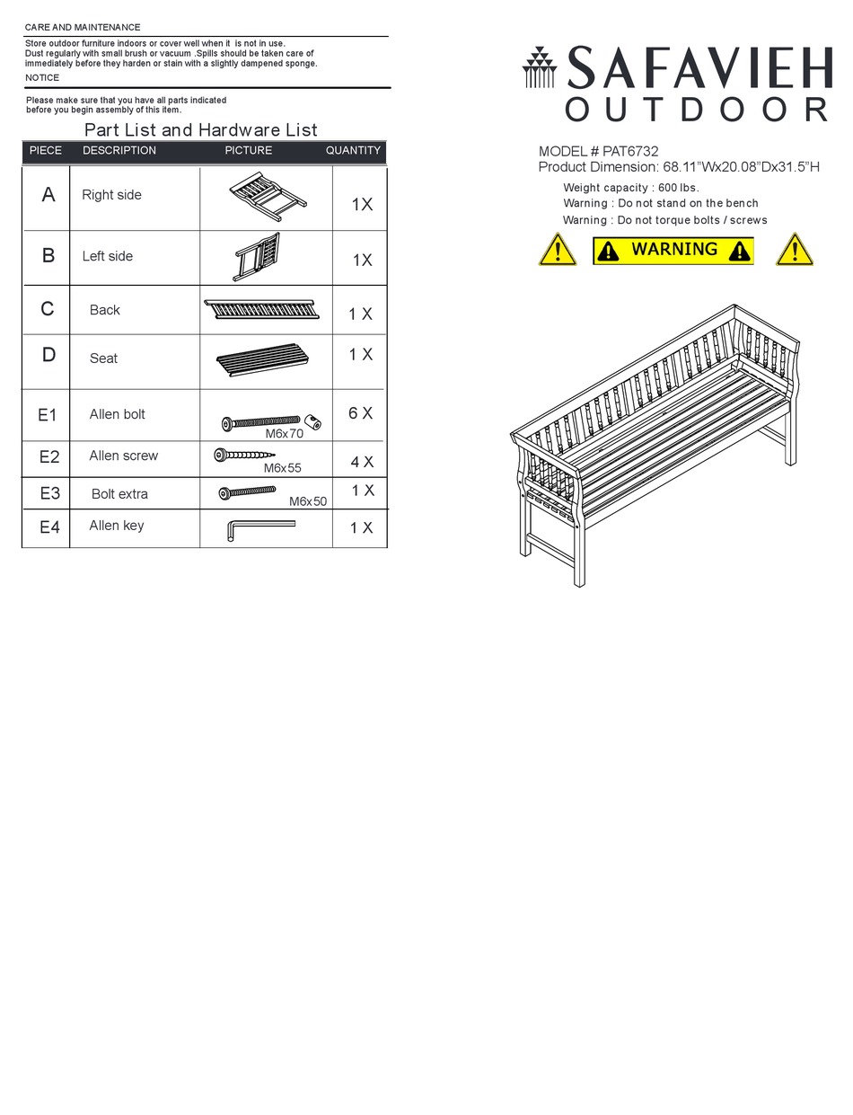 SAFAVIEH OUTDOOR BRENTWOOD PAT6732 ASSEMBLY INSTRUCTIONS Pdf Download