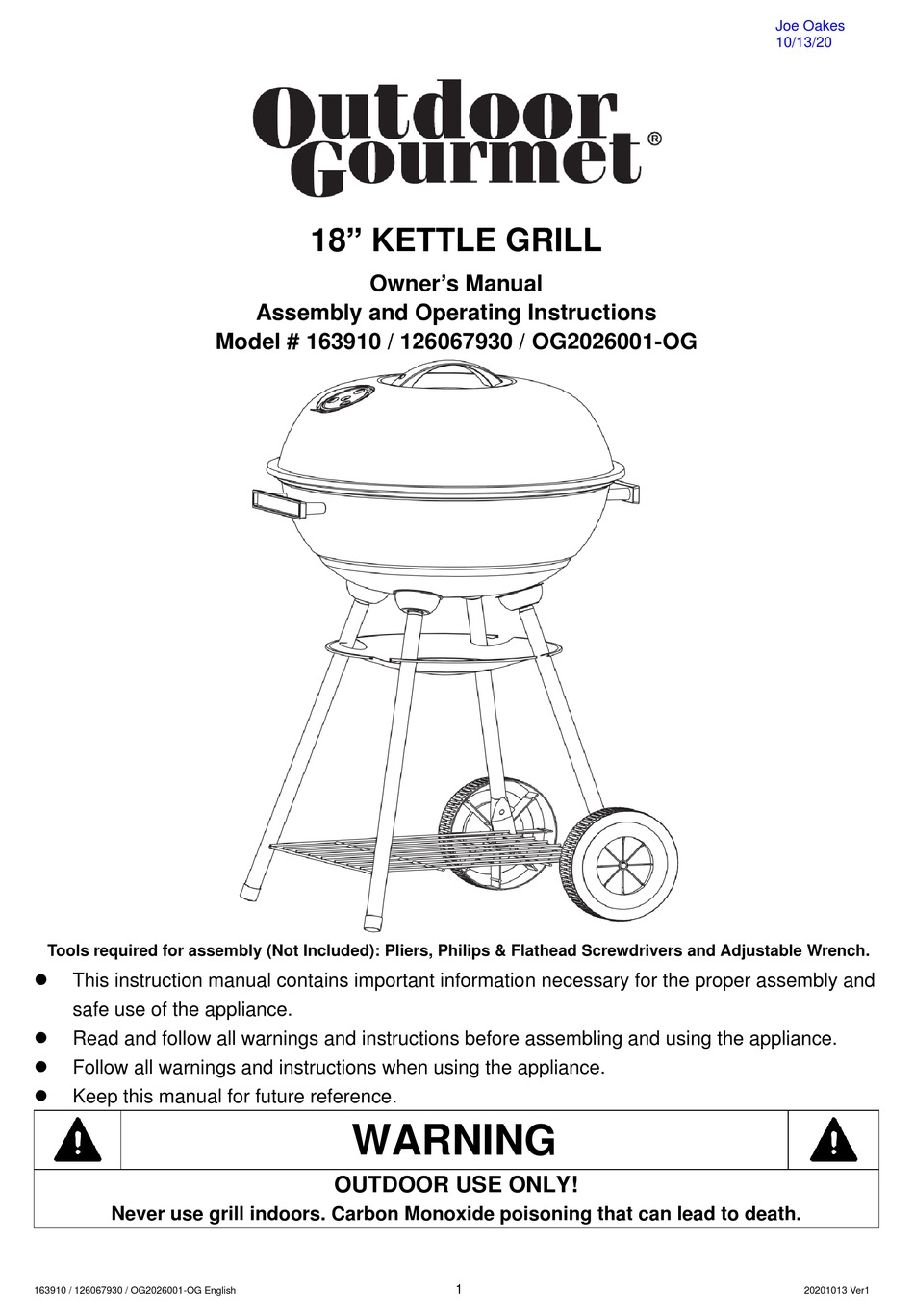 OUTDOOR GOURMET OG2026001OG OWNER'S MANUAL Pdf Download ManualsLib