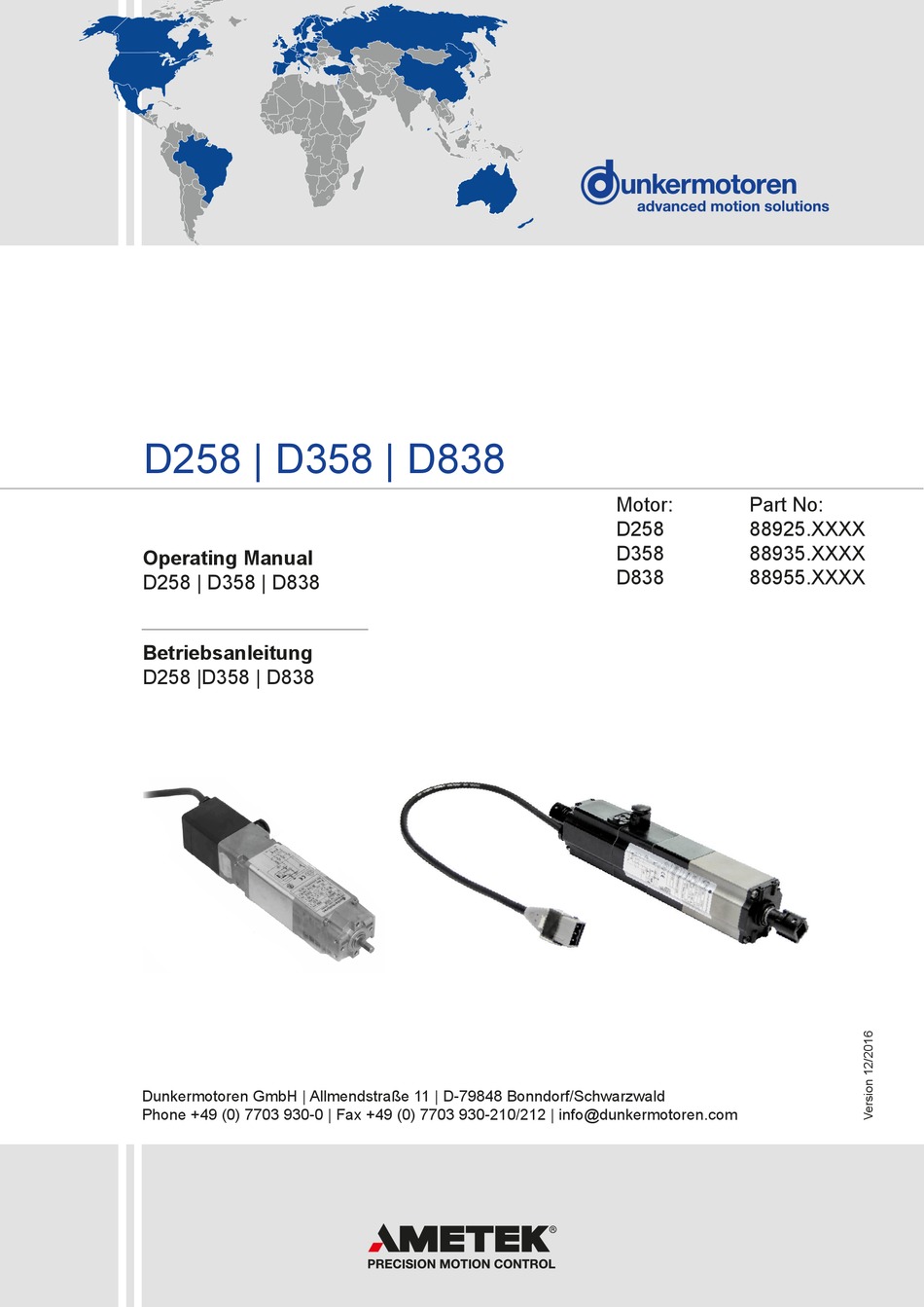 AMETEK DUNKERMOTOREN D258 OPERATING MANUAL Pdf Download | ManualsLib