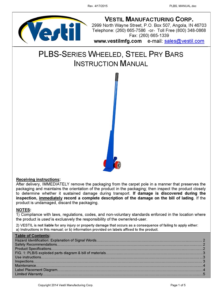 Vestil Plbs Series Instruction Manual Pdf Download Manualslib