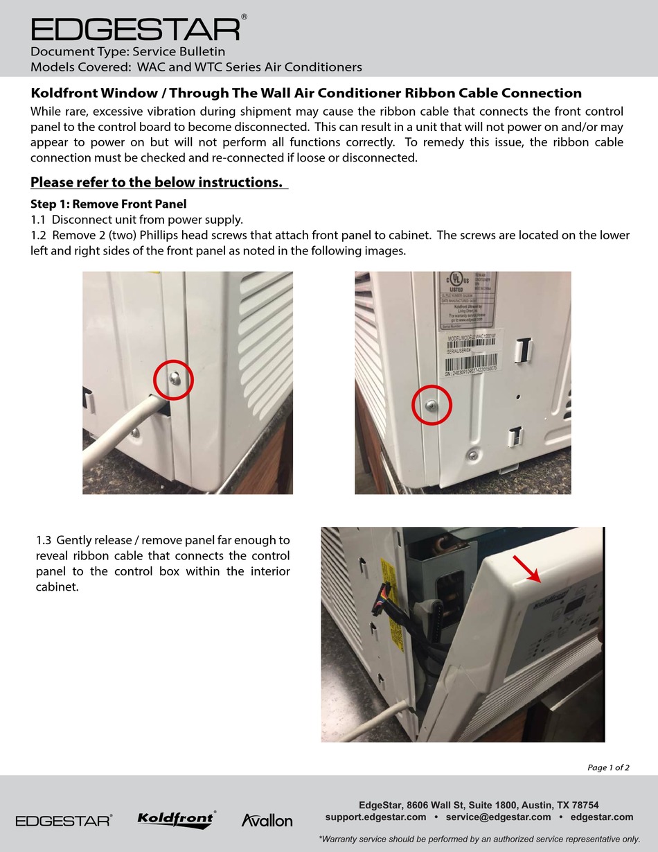 EDGESTAR WAC SERIES SERVICE BULLETIN Pdf Download ManualsLib