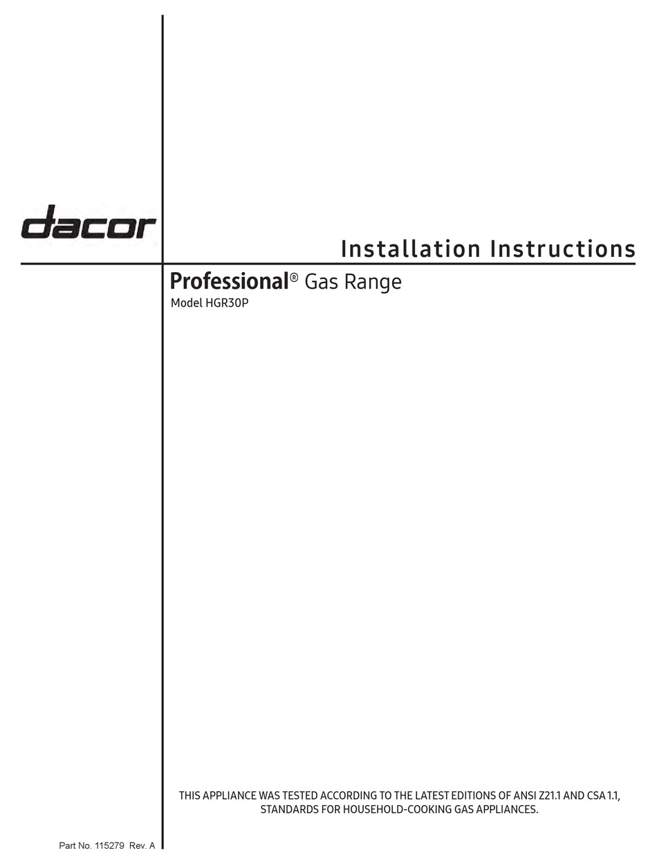 DACOR PROFESSIONAL HGR30P INSTALLATION INSTRUCTIONS MANUAL Pdf Download