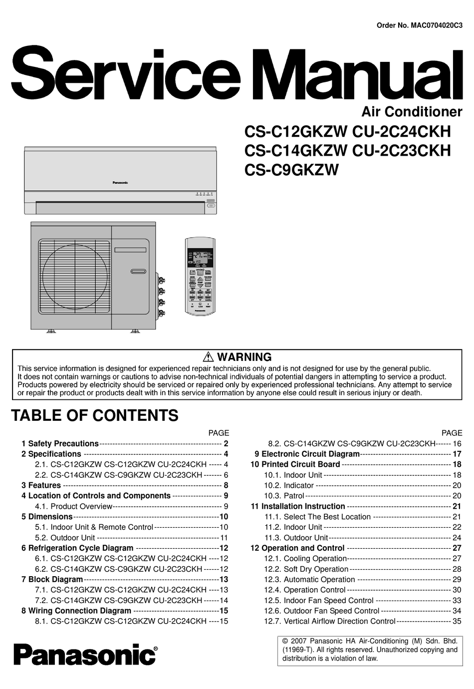 PANASONIC CS-C12GKZW SERVICE MANUAL Pdf Download | ManualsLib