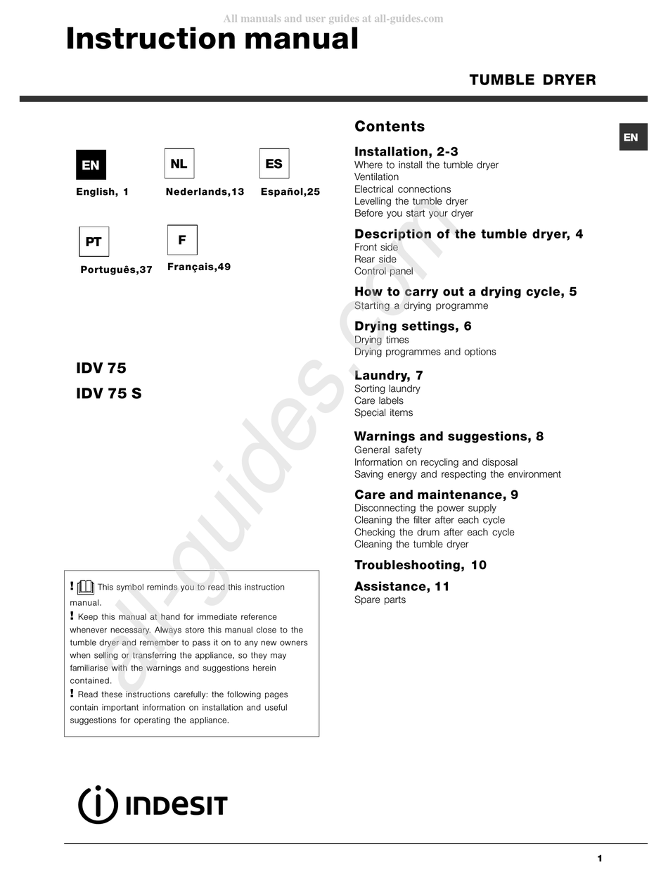 INDESIT IDV 75 INSTRUCTION MANUAL Pdf Download | ManualsLib