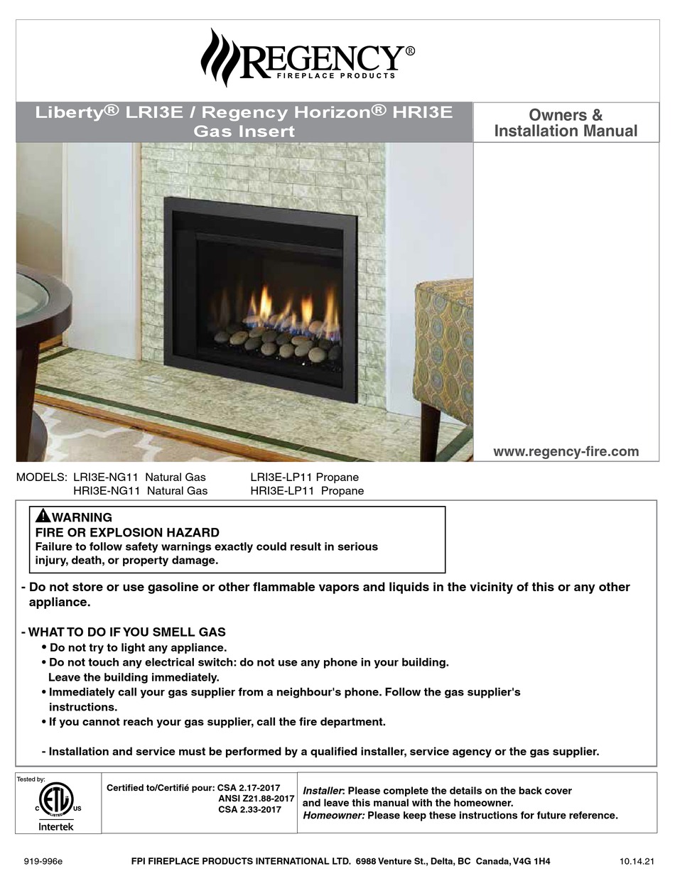 REGENCY FIREPLACE PRODUCTS LIBERTY LRI3E OWNERS & INSTALLATION MANUAL Pdf Download ManualsLib