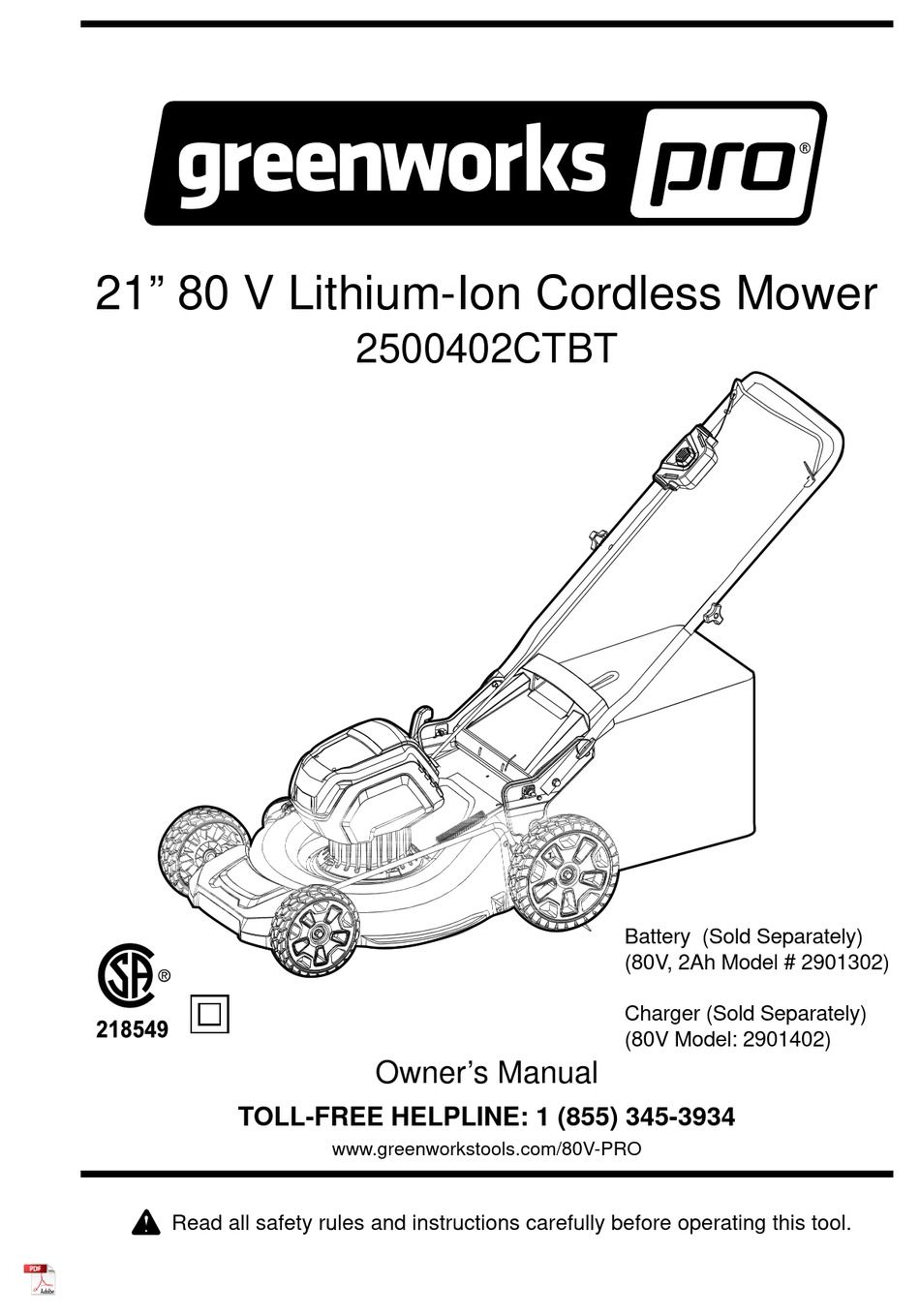 GREENWORKS PRO 2500402CTBT OWNER'S MANUAL Pdf Download ManualsLib