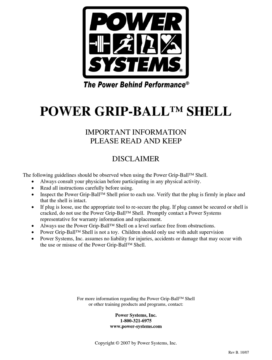 POWER SYSTEMS POWER GRIPBALL IMPORTANT INFORMATION Pdf Download