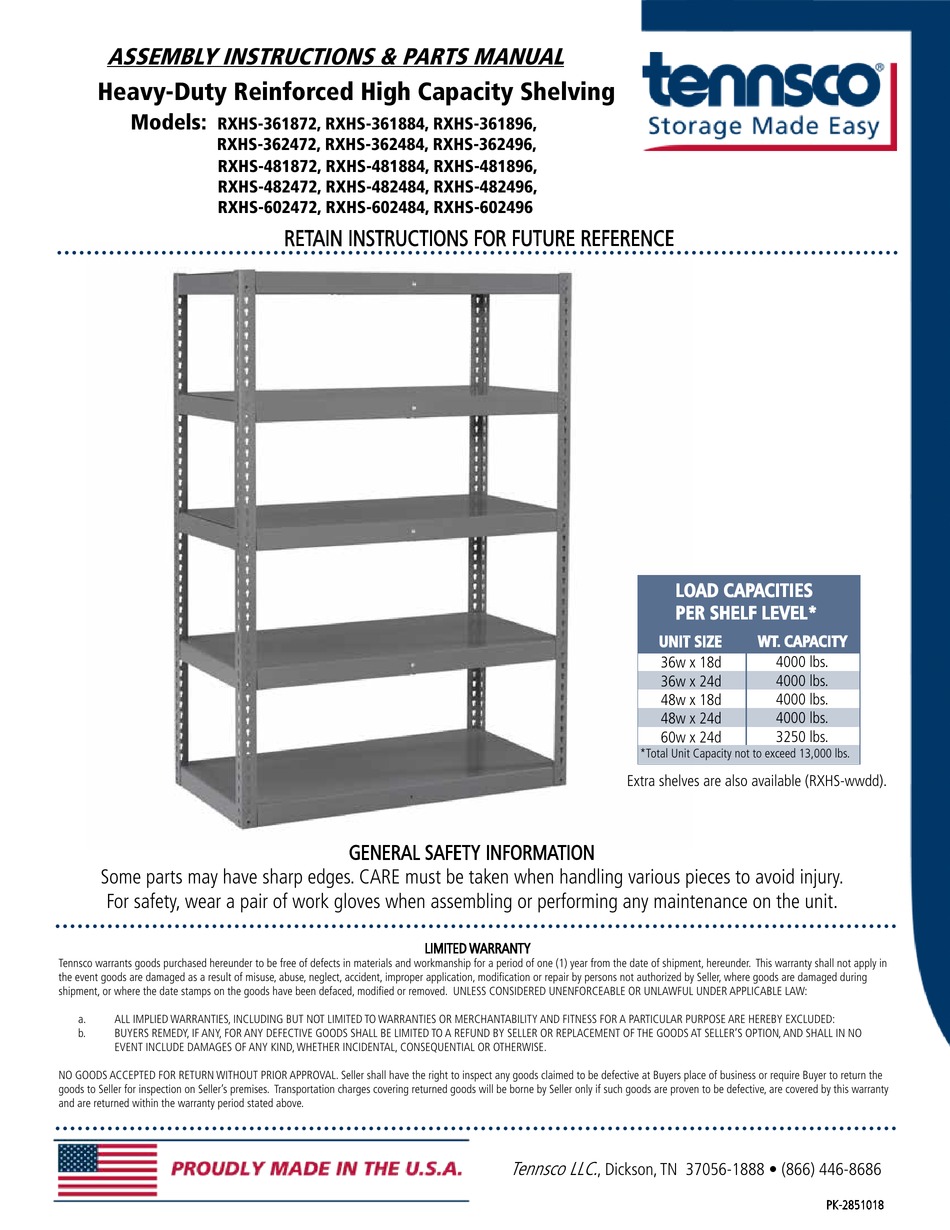 TENNSCO RXHS361872 ASSEMBLY INSTRUCTIONS/PARTS MANUAL Pdf Download
