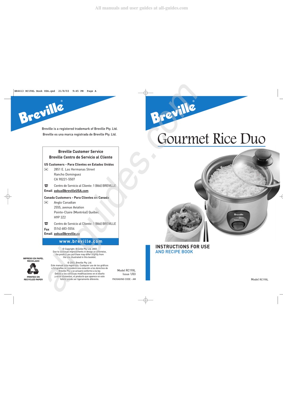 BREVILLE GOURMET RICE DUO INSTRUCTIONS FOR USE AND RECIPE BOOK Pdf