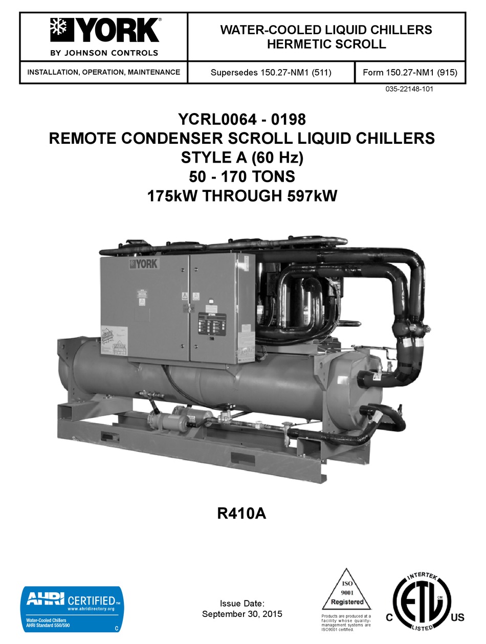 JOHNSON CONTROLS YORK YCRL0064 INSTALLATION OPERATION & MAINTENANCE Pdf