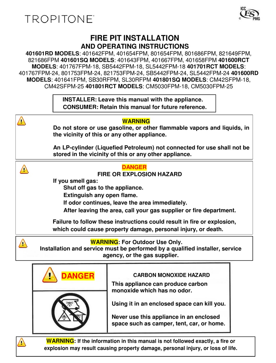 TROPITONE 401601RD INSTALLATION AND OPERATING INSTRUCTIONS MANUAL Pdf