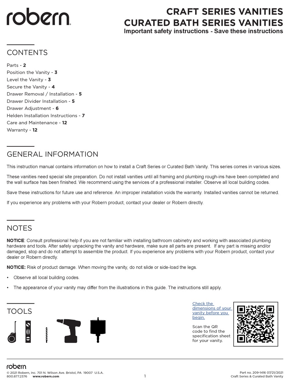 ROBERN CRAFT SERIES IMPORTANT SAFETY INSTRUCTIONS MANUAL Pdf Download