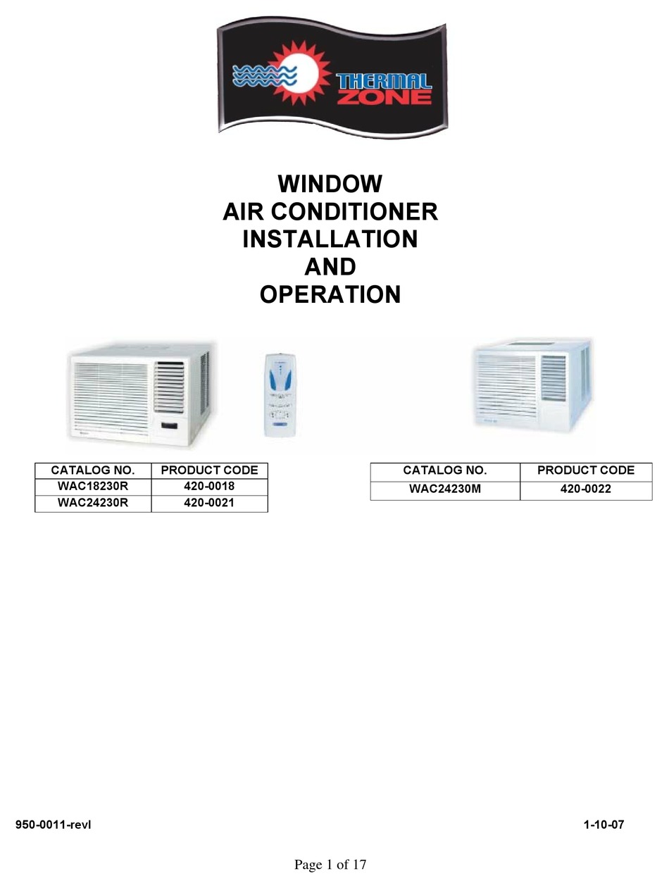 THERMAL ZONE WAC18230R INSTALLATION AND OPERATION MANUAL Pdf Download