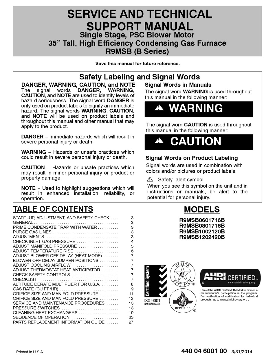 INTERNATIONAL COMFORT PRODUCTS R9MSB0601716B SERVICE AND TECHNICAL