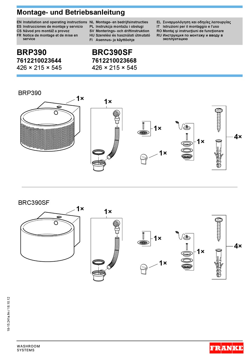 FRANKE BRP390 INSTALLATION AND OPERATING INSTRUCTIONS MANUAL Pdf