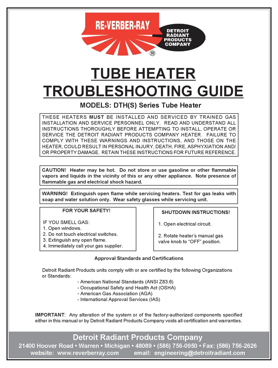 DETROIT RADIANT PRODUCTS REVERBERRAY DTH SERIES TROUBLESHOOTING