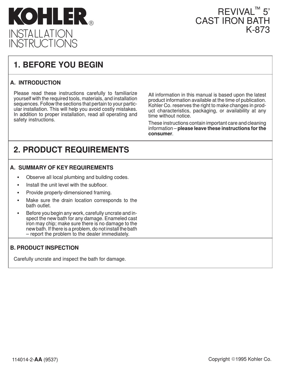 KOHLER REVIVAL K 873 INSTALLATION INSTRUCTIONS MANUAL Pdf Download   Kohler Revival K 873 