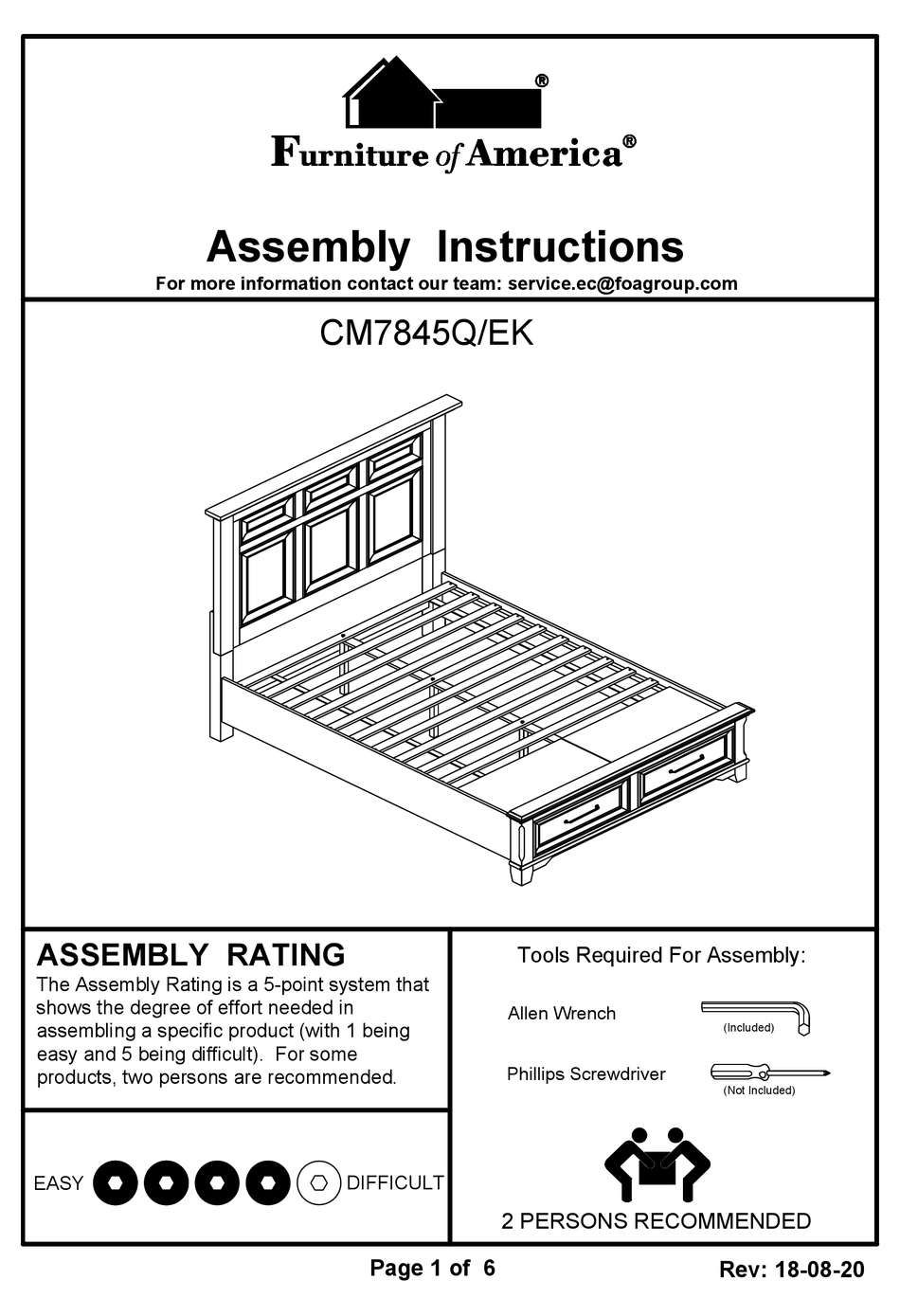 FURNITURE OF AMERICA CM7845Q/EK ASSEMBLY INSTRUCTIONS MANUAL Pdf