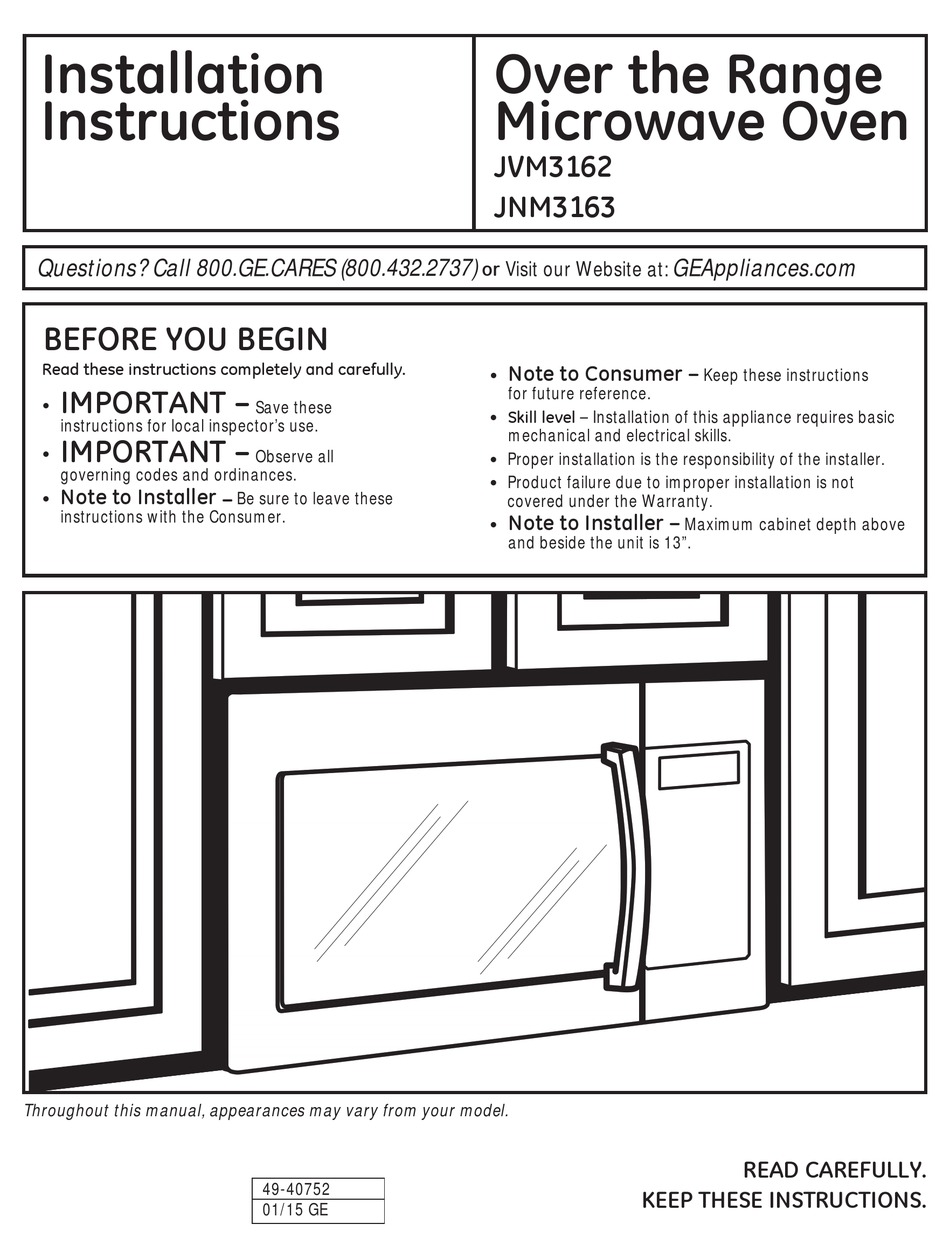 GE JNM3163 INSTALLATION INSTRUCTIONS MANUAL Pdf Download | ManualsLib