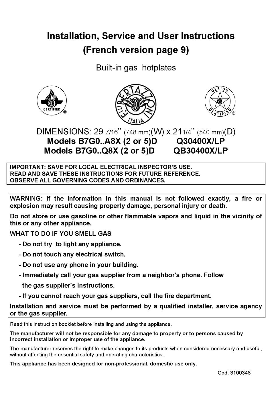 BERTAZZONI B7G0 A8X SERIES INSTALLATION, SERVICE AND USER INSTRUCTIONS