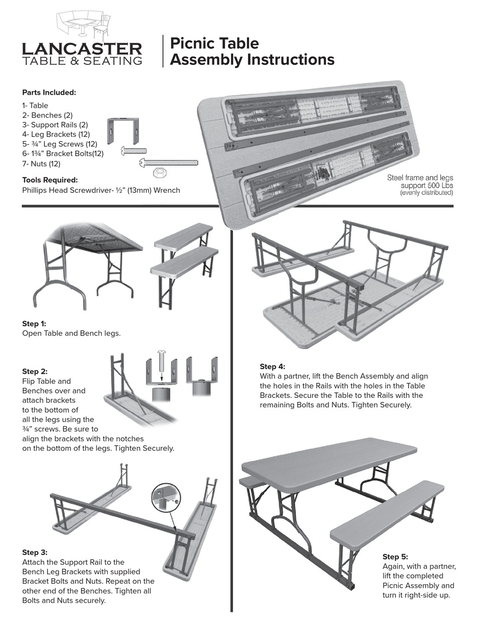 LANCASTER PICNIC TABLE ASSEMBLY INSTRUCTIONS Pdf Download ManualsLib