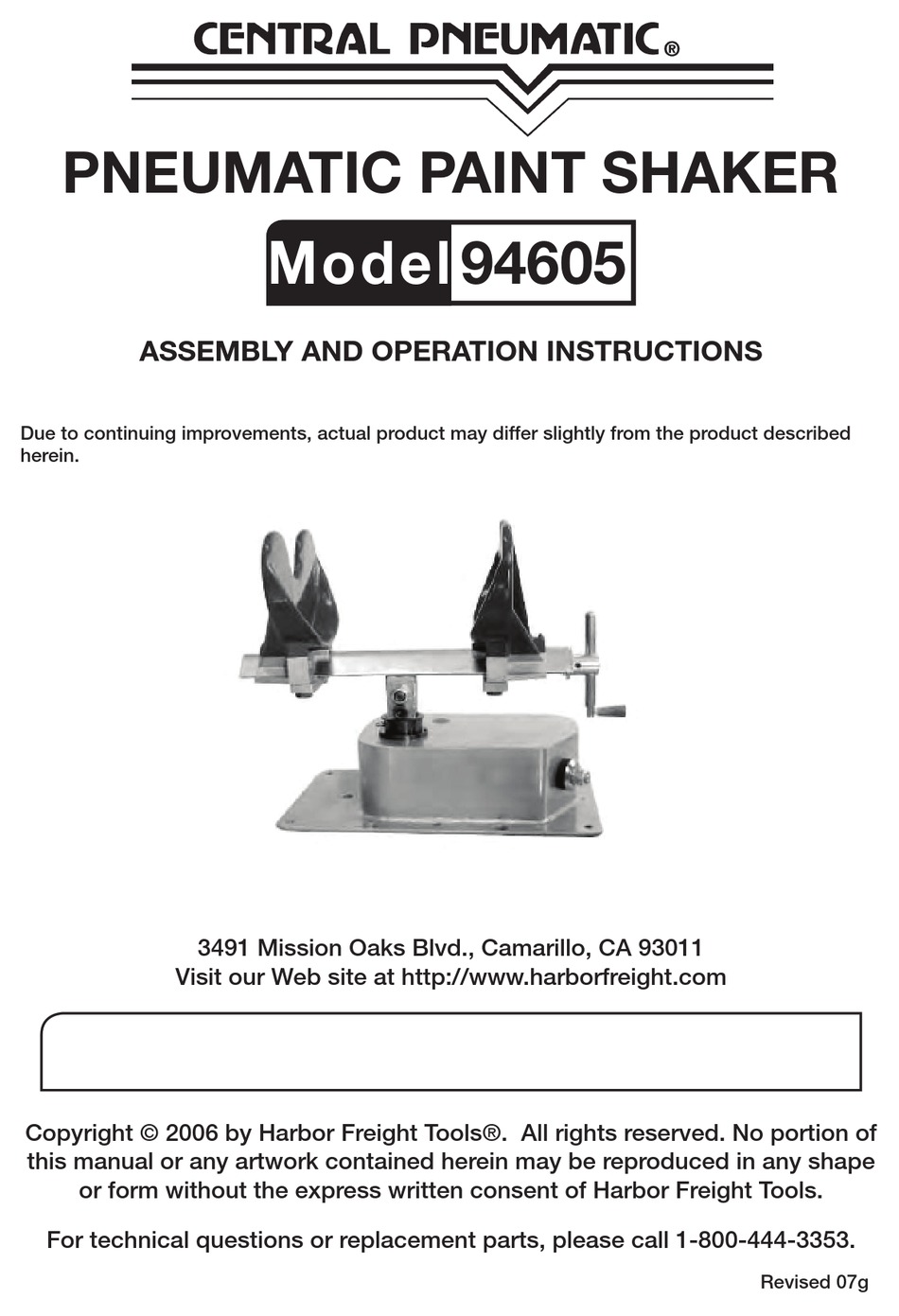 CENTRAL PNEUMATIC 94605 ASSEMBLY AND OPERATION INSTRUCTIONS MANUAL Pdf