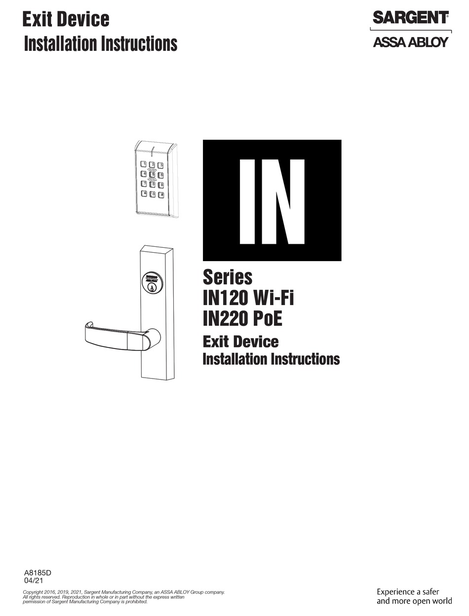 ASSA ABLOY SARGENT IN120 WI-FI SERIES INSTALLATION INSTRUCTIONS MANUAL ...