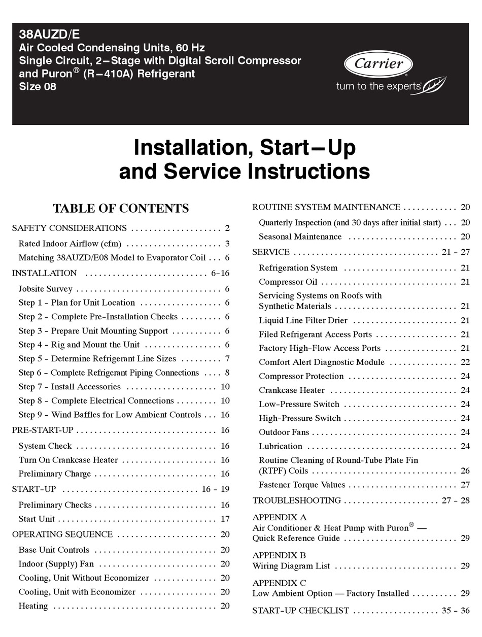 CARRIER 38AUZ SERIES INSTALLATION, STARTUP AND SERVICE INSTRUCTIONS