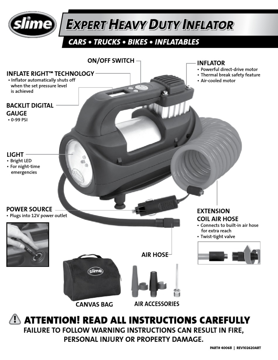 SLIME EXPERT HEAVY-DUTY TIRE INFLATOR QUICK START MANUAL Pdf Download