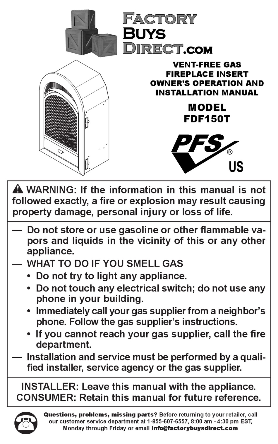 FACTORY BUYS DIRECT PFS FDF150T OWNER'S OPERATION AND INSTALLATION