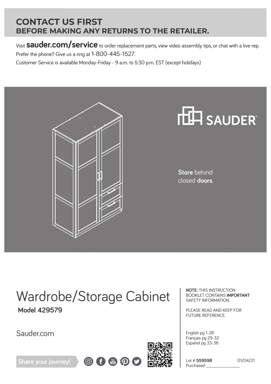 SAUDER 2DOOR WARDROBE/ARMOIRE CLOTHES STORAGE WITH HANGER ROD