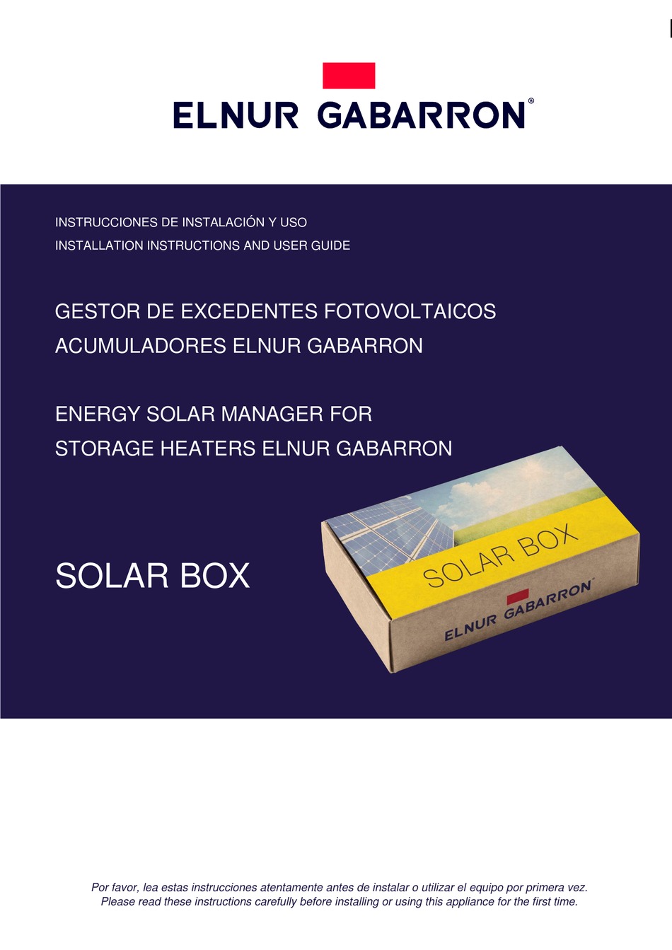 ELNUR GABARRON SOLAR BOX INSTALLATION INSTRUCTIONS AND USER MANUAL Pdf