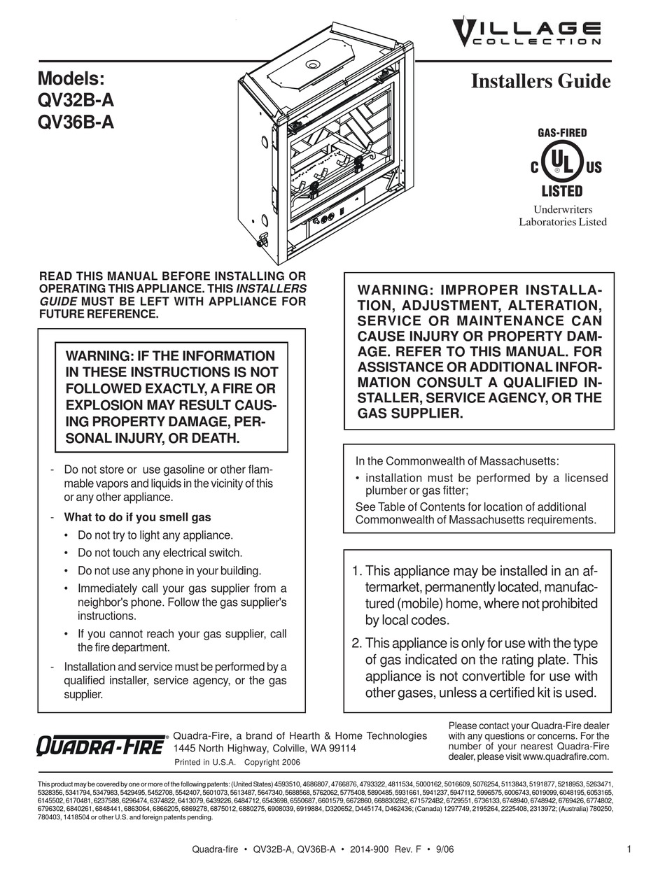 HEARTH AND HOME TECHNOLOGIES QUADRA-FIRE VILLAGE QV32B-A INSTALLER'S ...