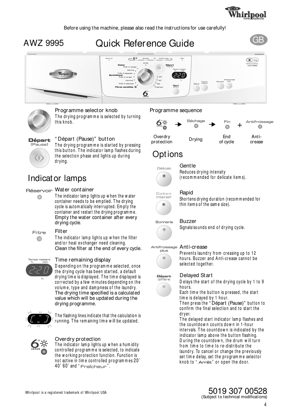 WHIRLPOOL AWZ 9995 QUICK REFERENCE MANUAL Pdf Download ManualsLib