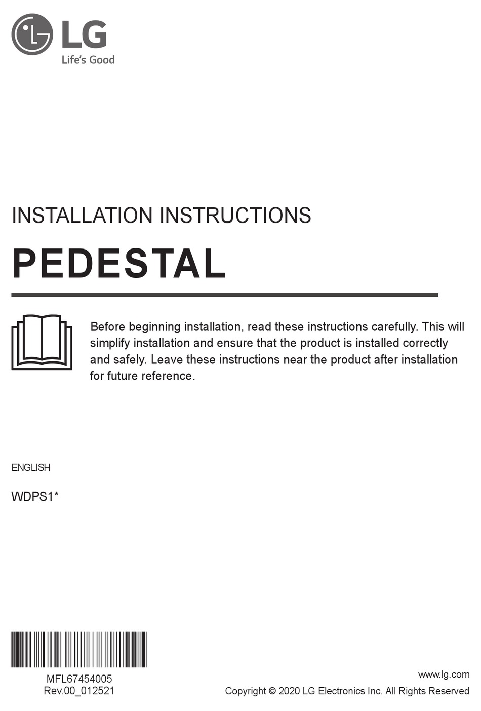 LG PEDESTAL WDPS1 SERIES INSTALLATION INSTRUCTIONS MANUAL Pdf Download