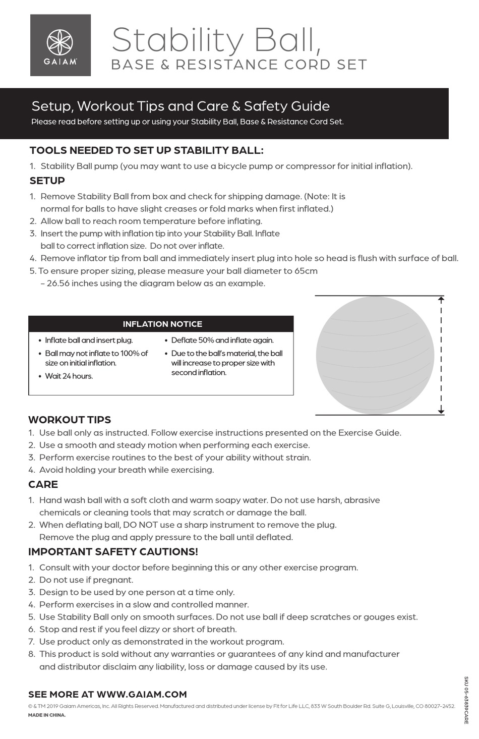 GAIAM STABILITY BALL SETUP, WORKOUT TIPS AND CARE & SAFETY MANUAL Pdf