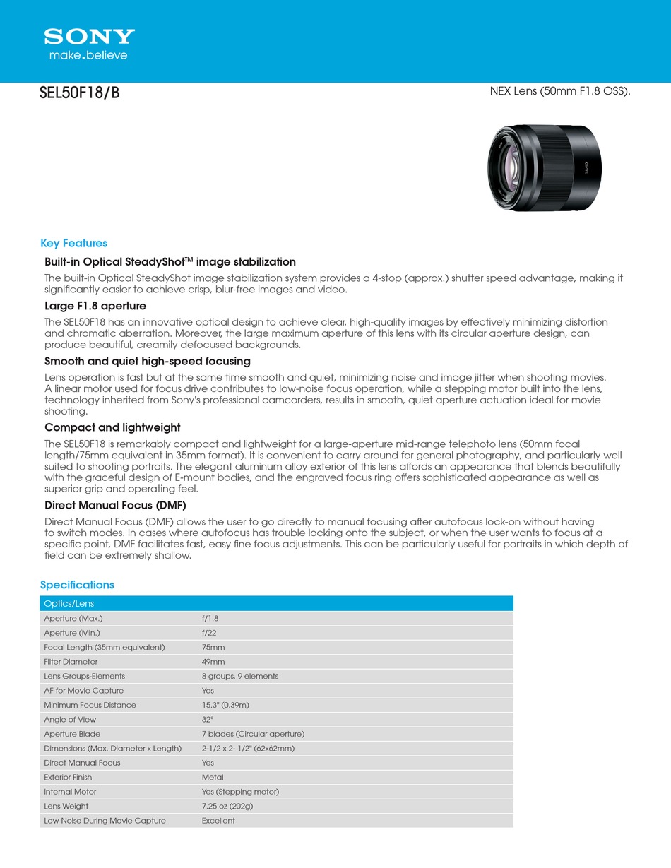 SONY SEL50F18/B SPECIFICATIONS Pdf Download | ManualsLib