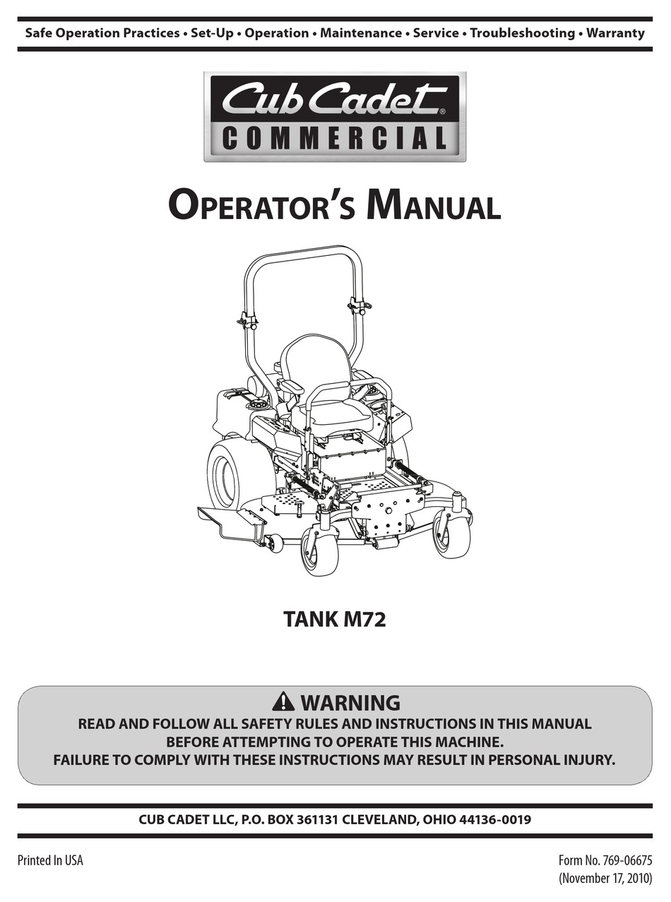 CUB CADET TANK M72 OPERATOR