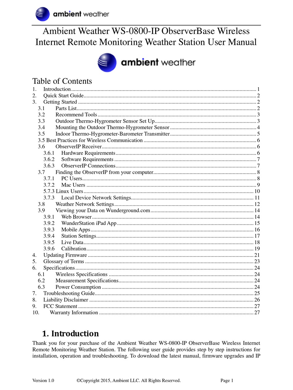 AMBIENT WEATHER WS0800IP OBSERVERBASE USER MANUAL Pdf Download