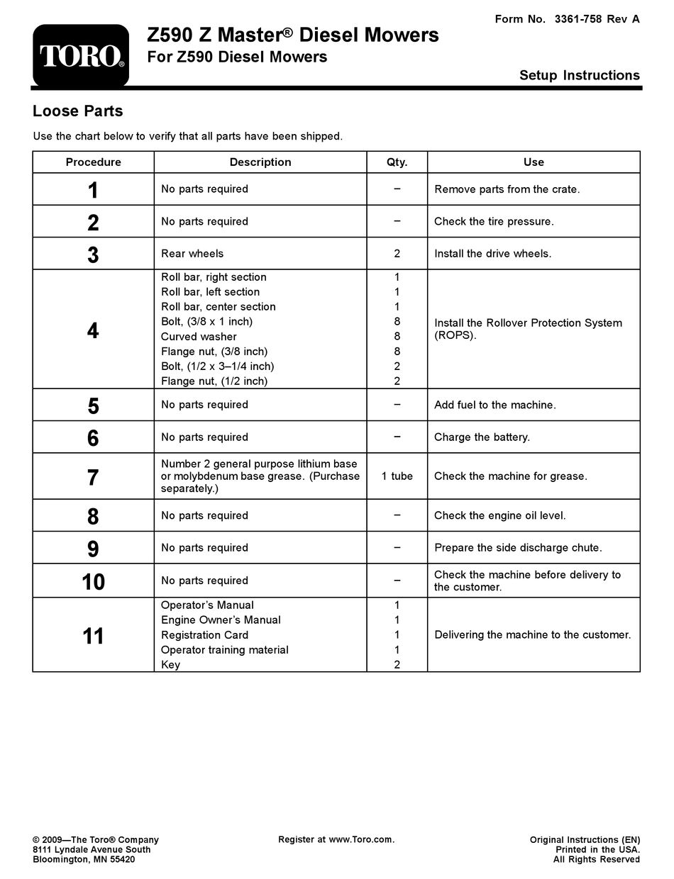 TORO Z590 Z MASTER SETUP INSTRUCTIONS Pdf Download ManualsLib