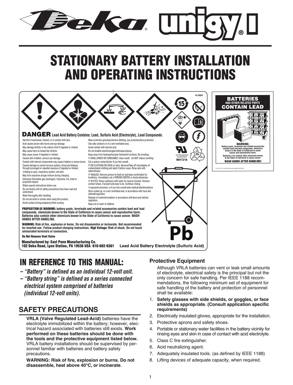 DEKA UNIGY I INSTALLATION AND OPERATING INSTRUCTIONS MANUAL Pdf