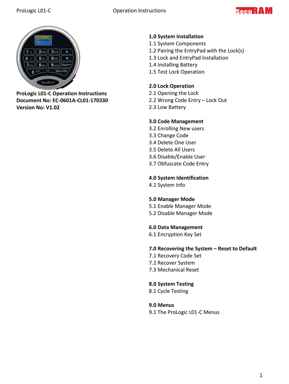 SECURAM PROLOGIC L01C OPERATING INSTRUCTIONS MANUAL Pdf Download ManualsLib