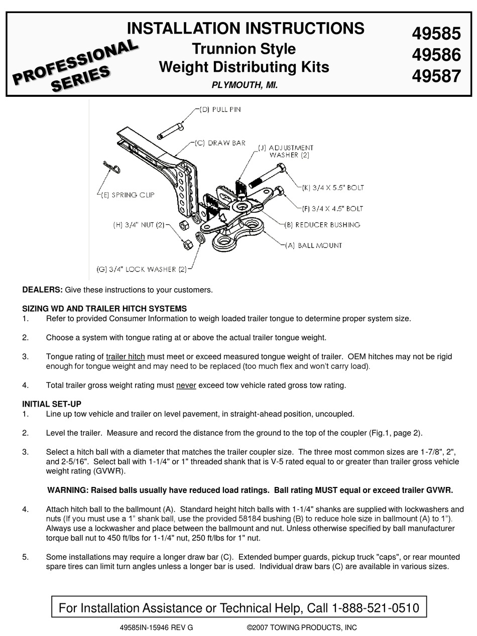 TOWING PRODUCTS PROFESSIONAL SERIES INSTALLATION INSTRUCTIONS Pdf