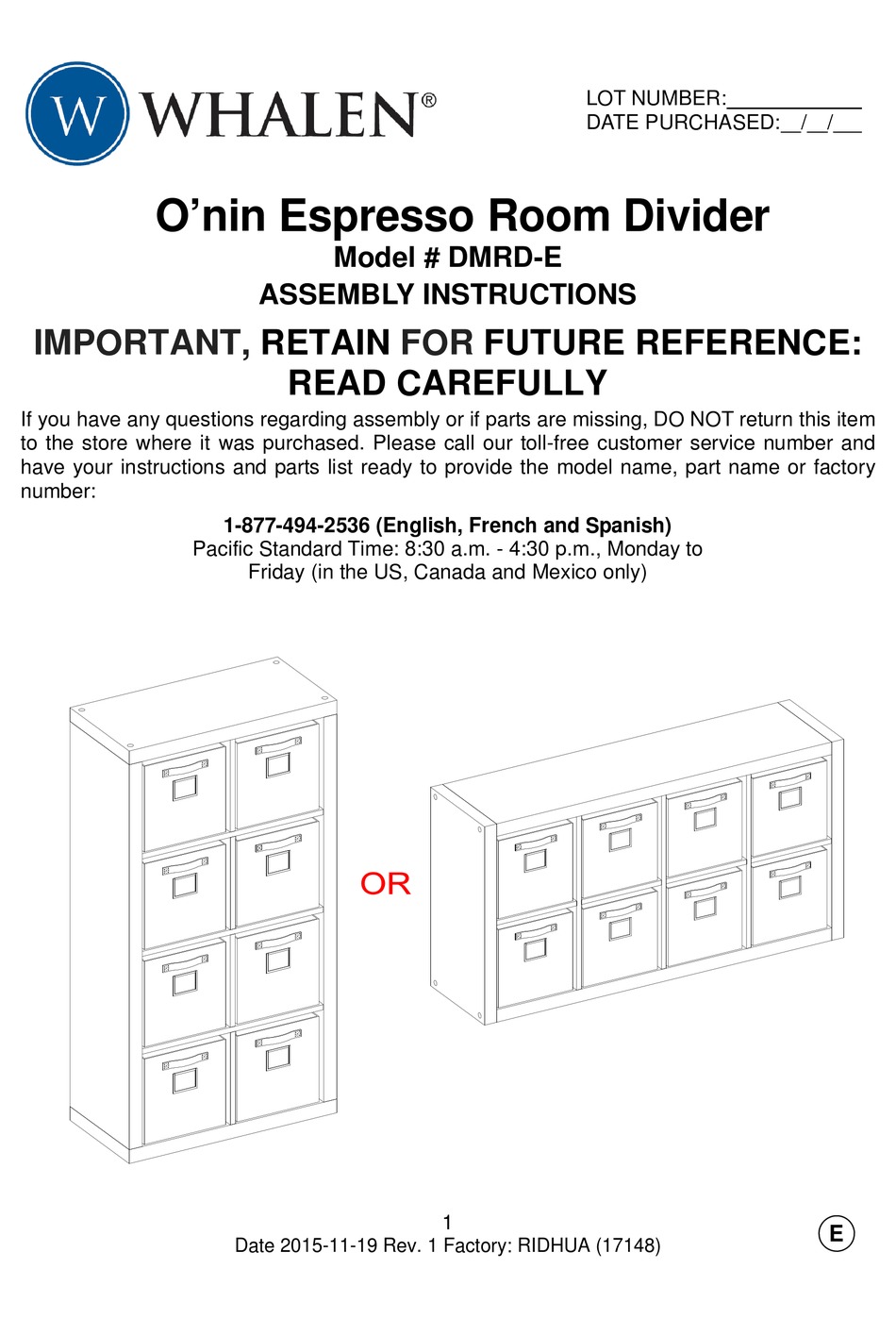 WHALEN O’NIN ESPRESSO ROOM DIVIDER ASSEMBLY MANUAL Pdf Download