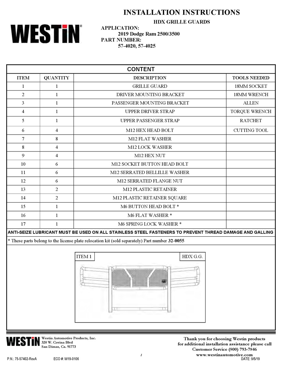 WESTIN HDX GRILLE GUARD INSTALLATION INSTRUCTIONS MANUAL Pdf Download
