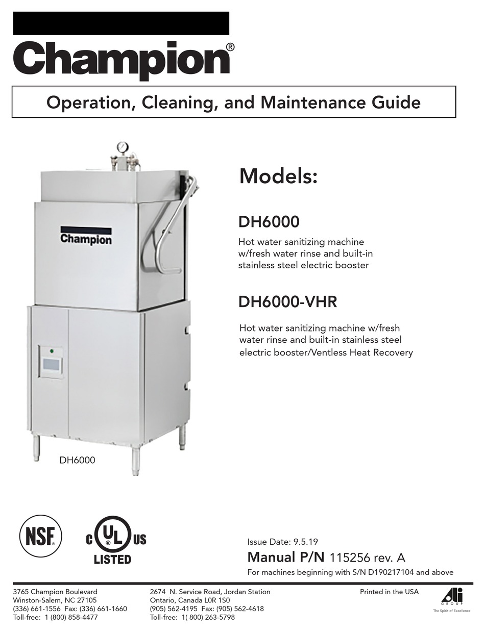 CHAMPION DH6000 OPERATION, CLEANING, AND MAINTENANCE MANUAL Pdf