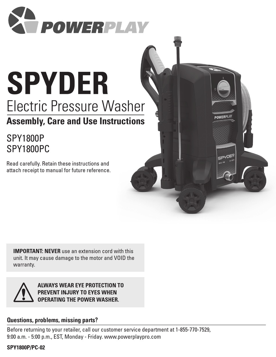 POWERPLAY SPYDER SPY1800P ASSEMBLY, CARE AND USE INSTRUCTIONS Pdf