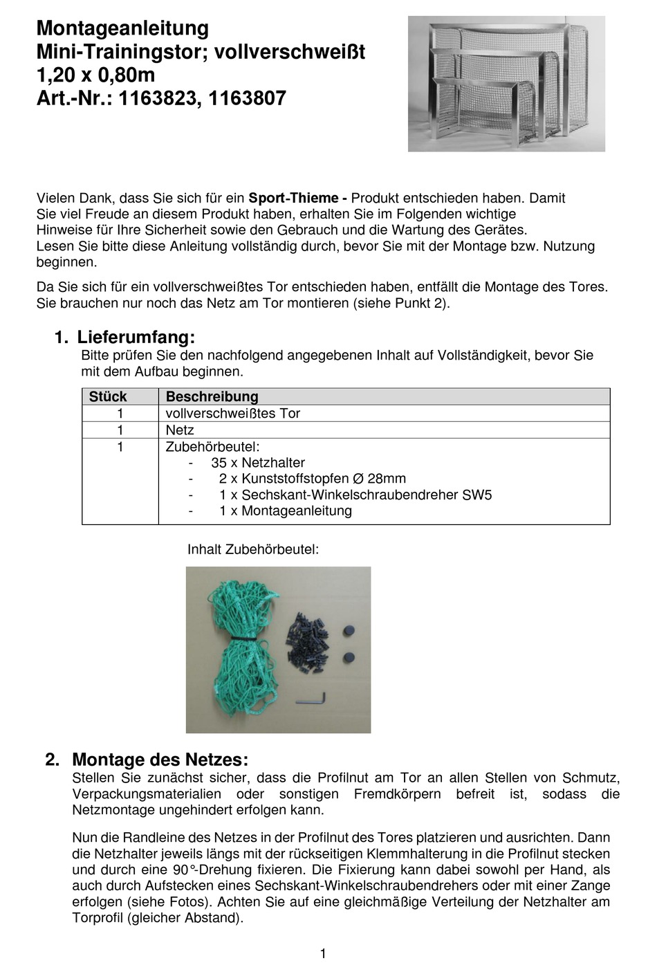 SPORT-THIEME 1163823 ASSEMBLY INSTRUCTION MANUAL Pdf Download | ManualsLib