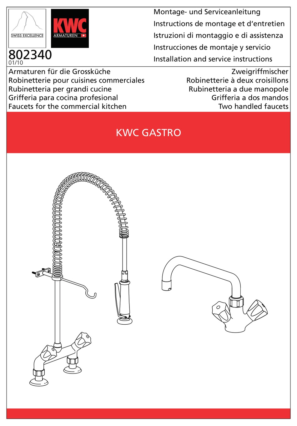 KWC GASTRO 802340 INSTALLATION AND SERVICE INSTRUCTIONS MANUAL Pdf